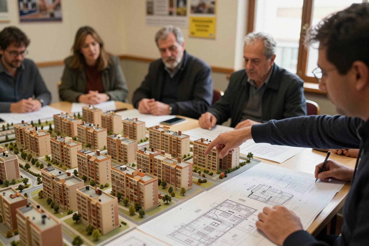 Vecinos en una junta de propietarios revisando el reparto de gastos de comunidad y los coeficientes de participación del edificio
