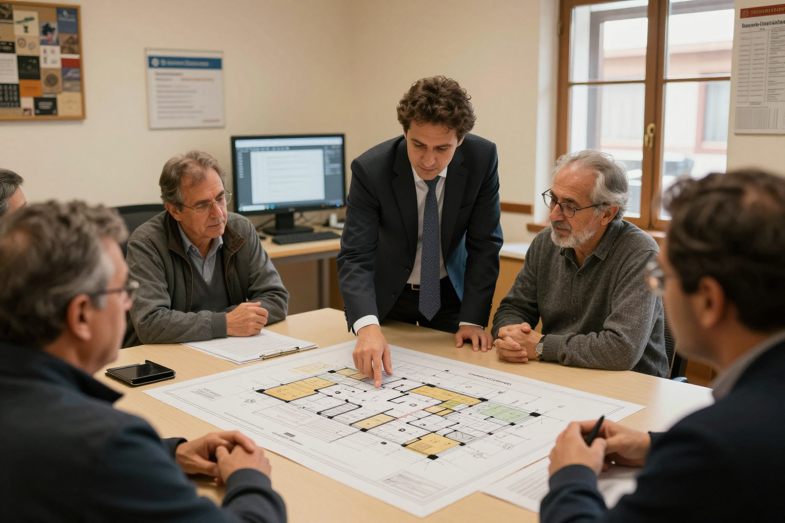 Administrador de fincas explicando el reparto de gastos de comunidad a propietarios en una junta de vecinos