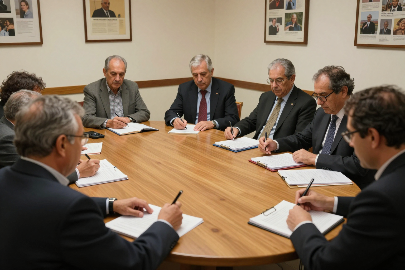 Reunión de junta de propietarios en una comunidad de vecinos con documentos de convocatoria y acta sobre la mesa