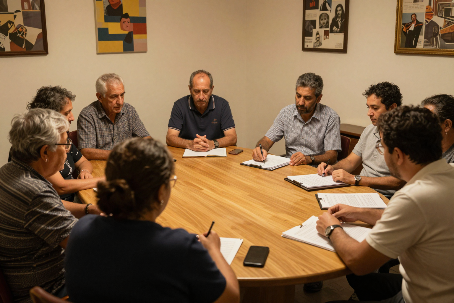 Reunión de propietarios en una junta de comunidad con documentos de convocatoria y acta sobre la mesa