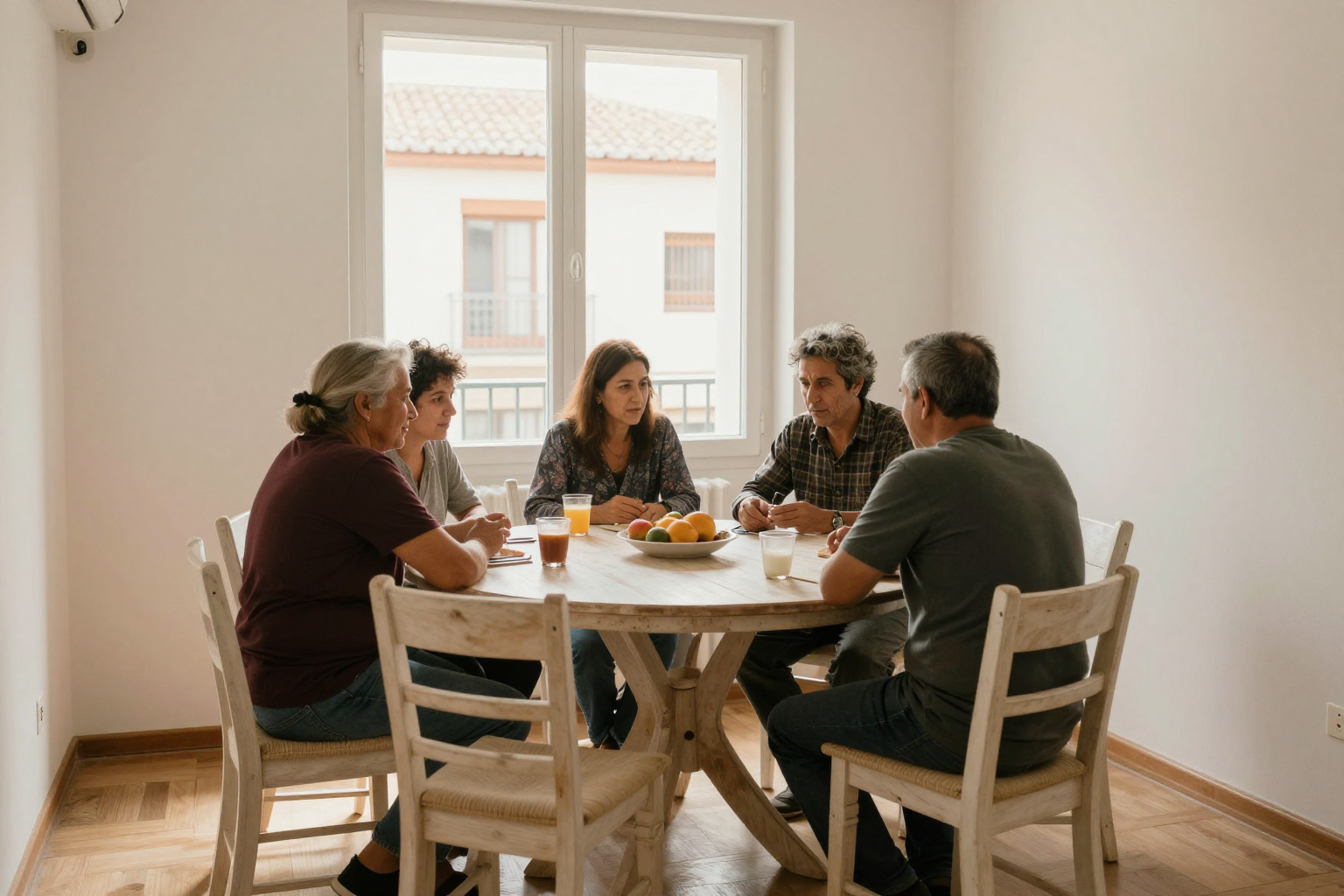 Reunión de propietarios en una junta de comunidad con documentos de convocatoria y acta sobre la mesa