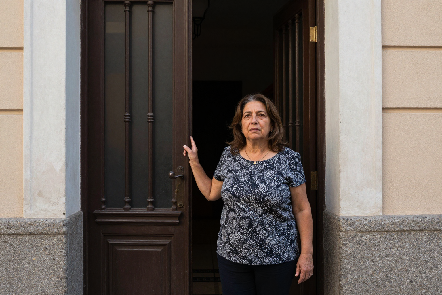 Presidenta de una comunidad de propietarios en el portal de su edificio
