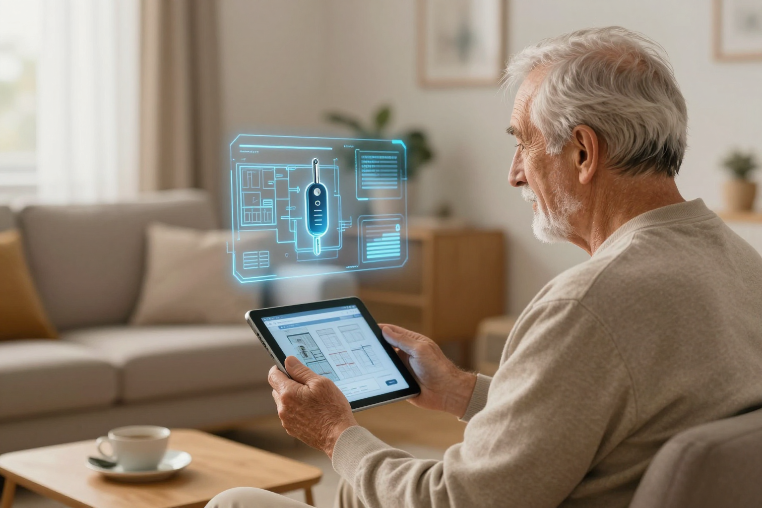 Propietario usando una app de gestión de comunidad de propietarios en su smartphone con interfaz de inteligencia artificial