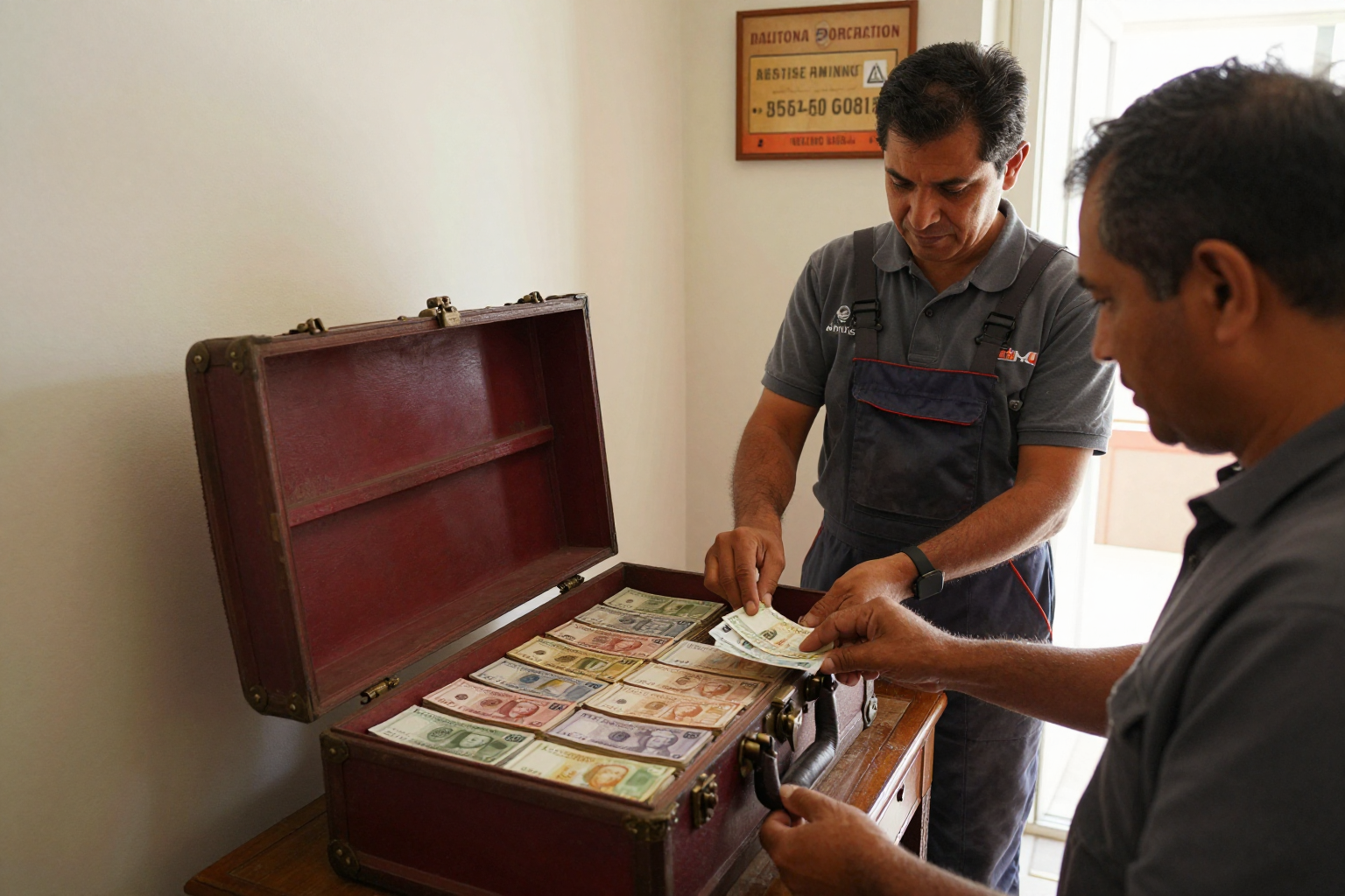 Edificio de viviendas con comunidad de propietarios reunida revisando documentos de gastos y fondo de reserva