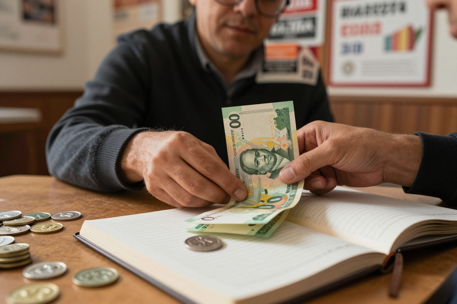 Documentos de presupuesto y monedas sobre una mesa representando el fondo de reserva de una comunidad de propietarios