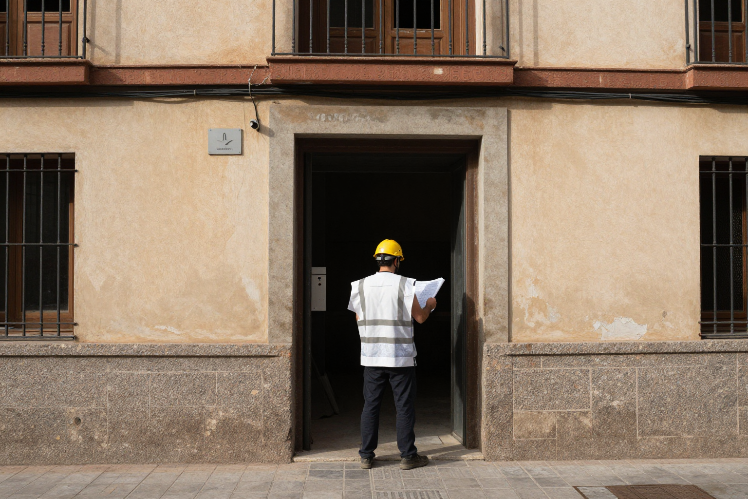 Ascensor moderno instalado en el portal de un edificio residencial con vecinos mayores utilizándolo