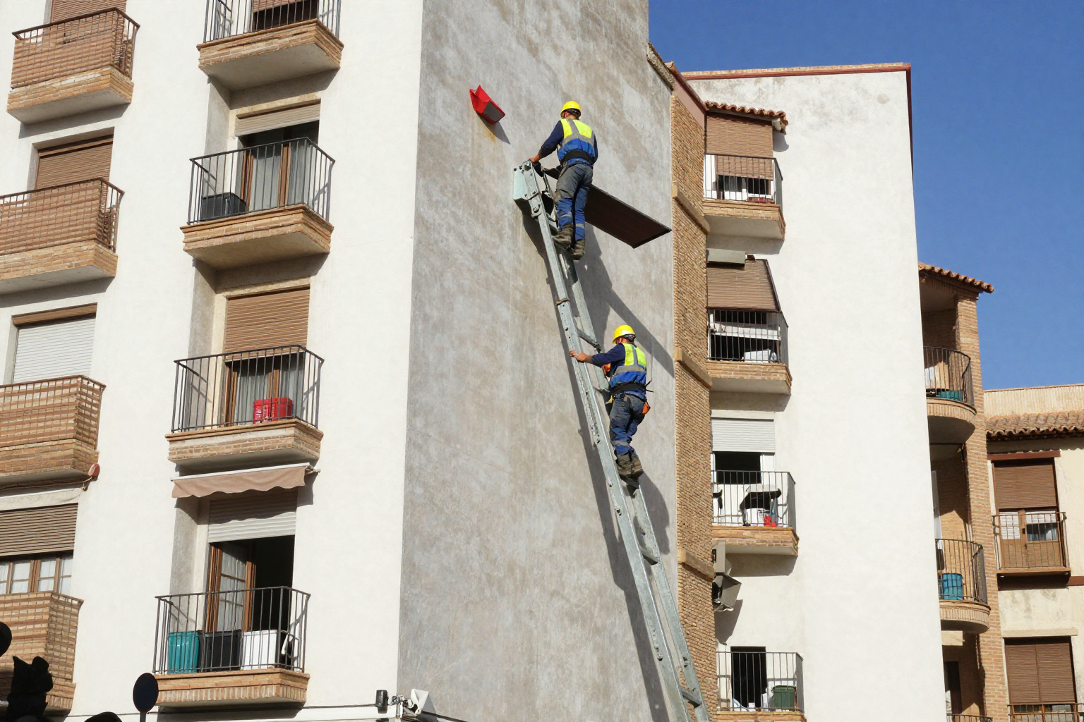 Andamio en la fachada de un edificio de viviendas durante unas obras en zonas comunes de la comunidad de propietarios