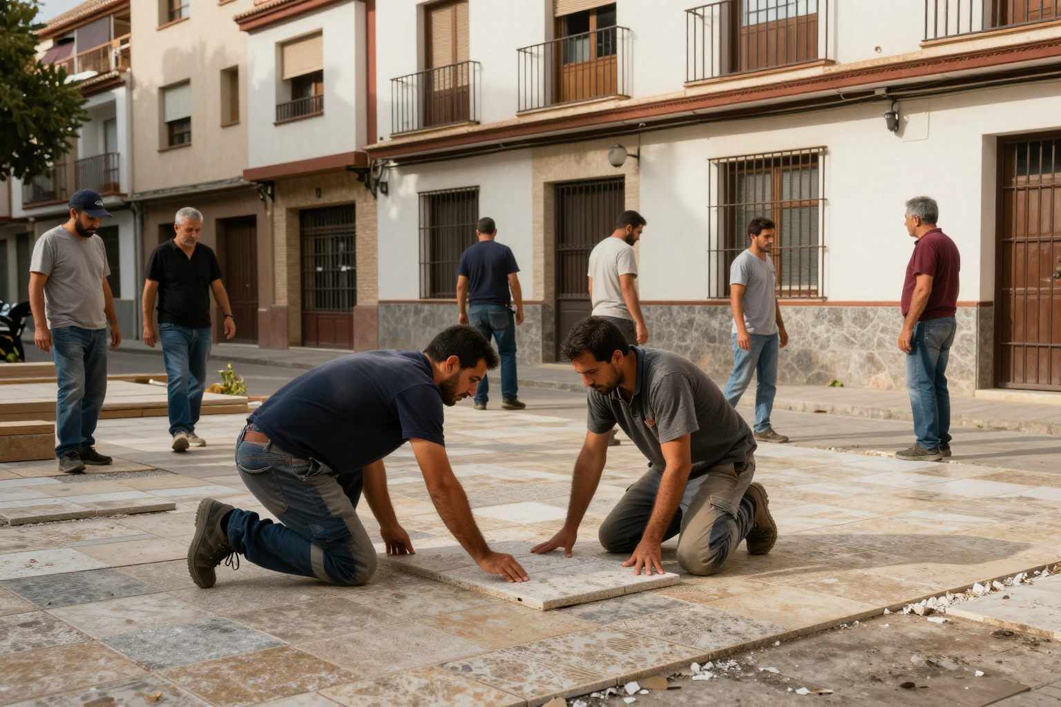Reunión de propietarios en junta de comunidad discutiendo presupuesto de obras en zonas comunes del edificio