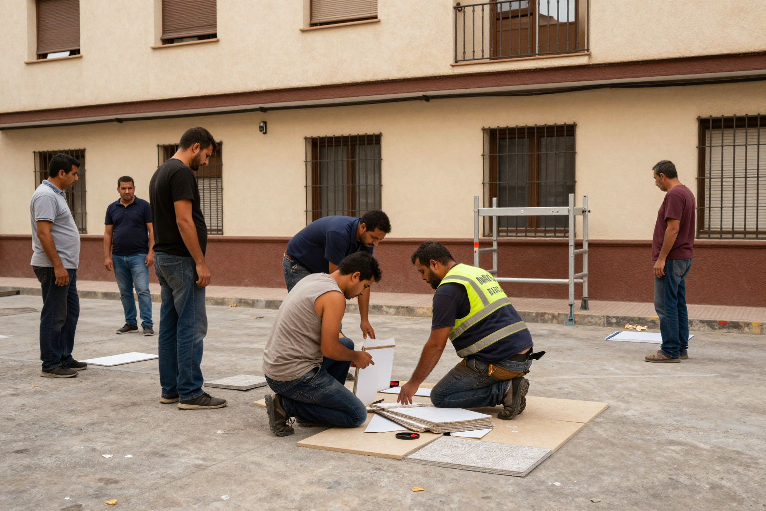 Reunión de vecinos en junta de propietarios debatiendo sobre obras en zonas comunes de un edificio residencial