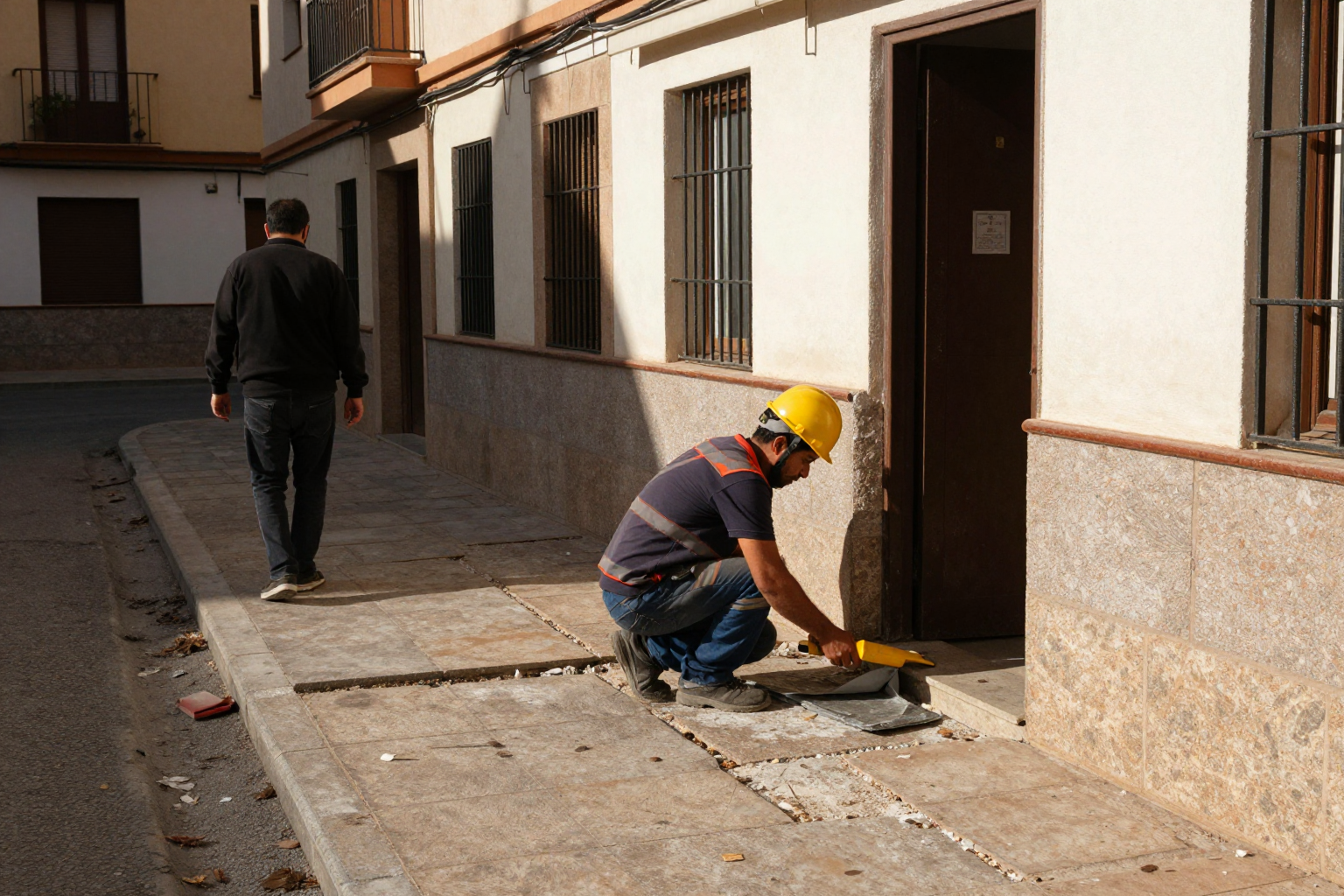 Reunión de junta de propietarios debatiendo sobre obras en zonas comunes de un edificio residencial