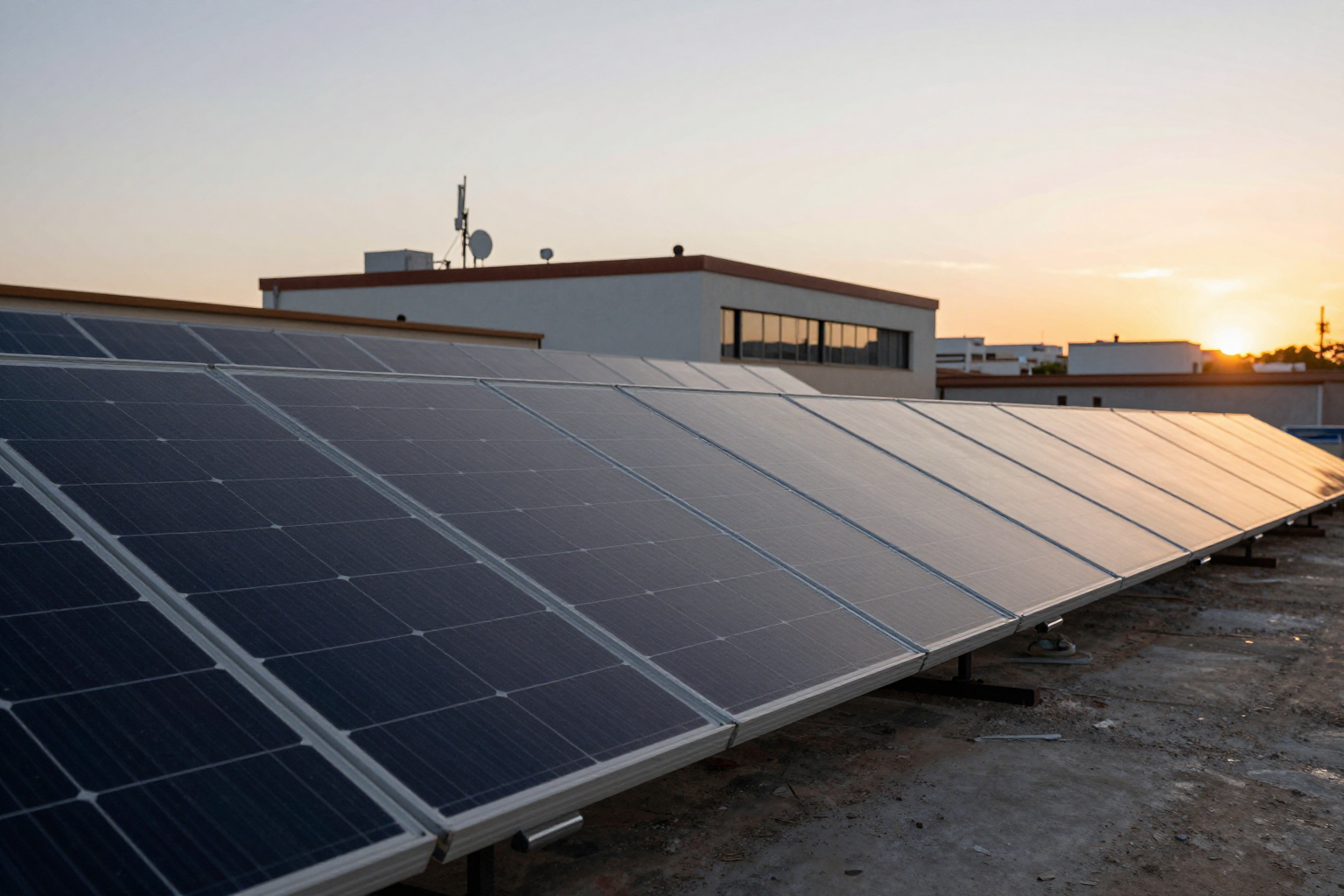 Placas solares instaladas en la cubierta de un edificio de viviendas al atardecer