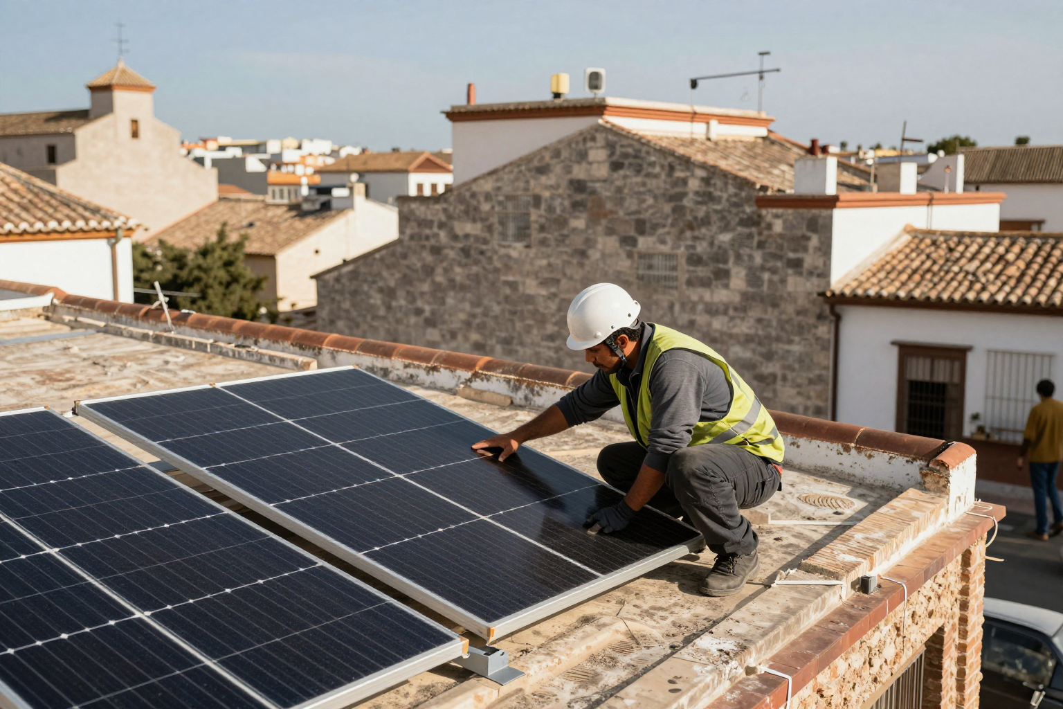 Paneles solares instalados en la cubierta de un edificio de viviendas en España con cielo azul de fondo