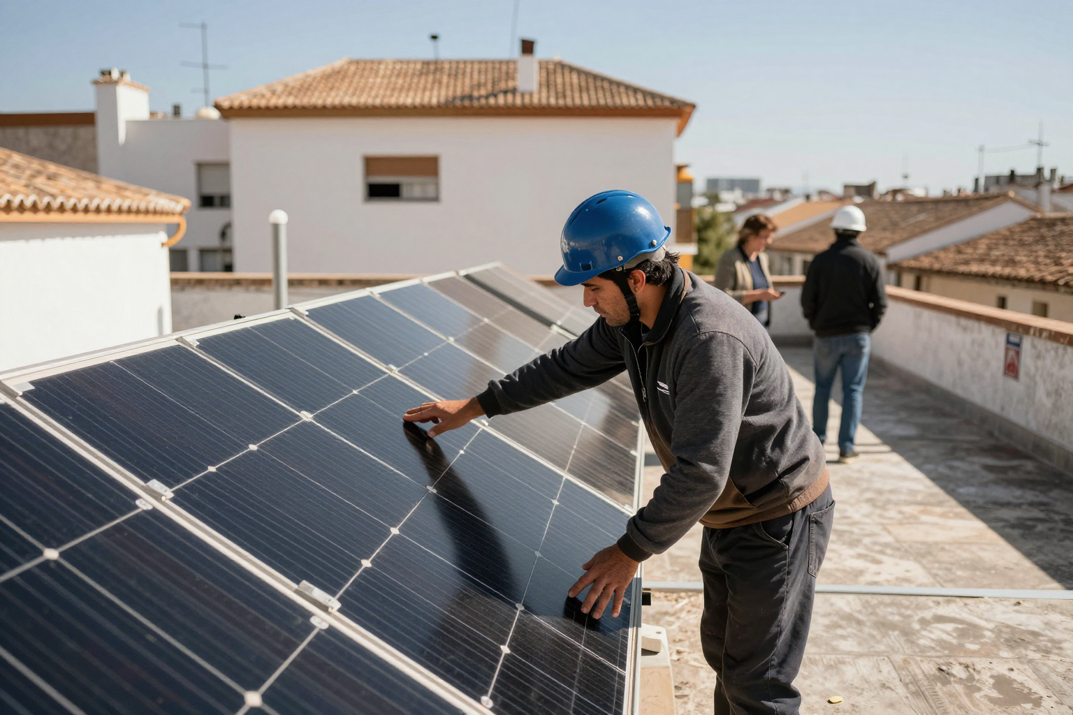 Paneles solares instalados en la cubierta de un edificio de viviendas de una comunidad de propietarios en España