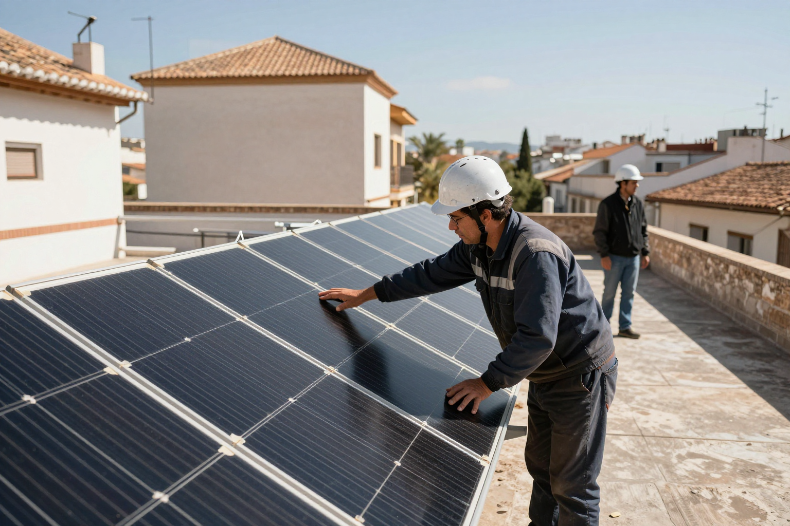Paneles solares instalados en la cubierta de un edificio residencial de comunidad de propietarios en España