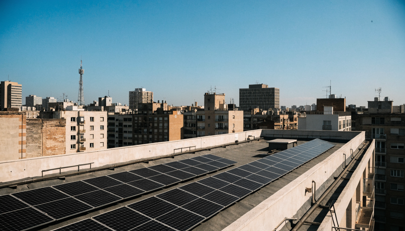 Placas solares instaladas en la azotea de un edificio residencial de varias plantas bajo un cielo despejado, con antenas y una caseta de ascensor al fondo