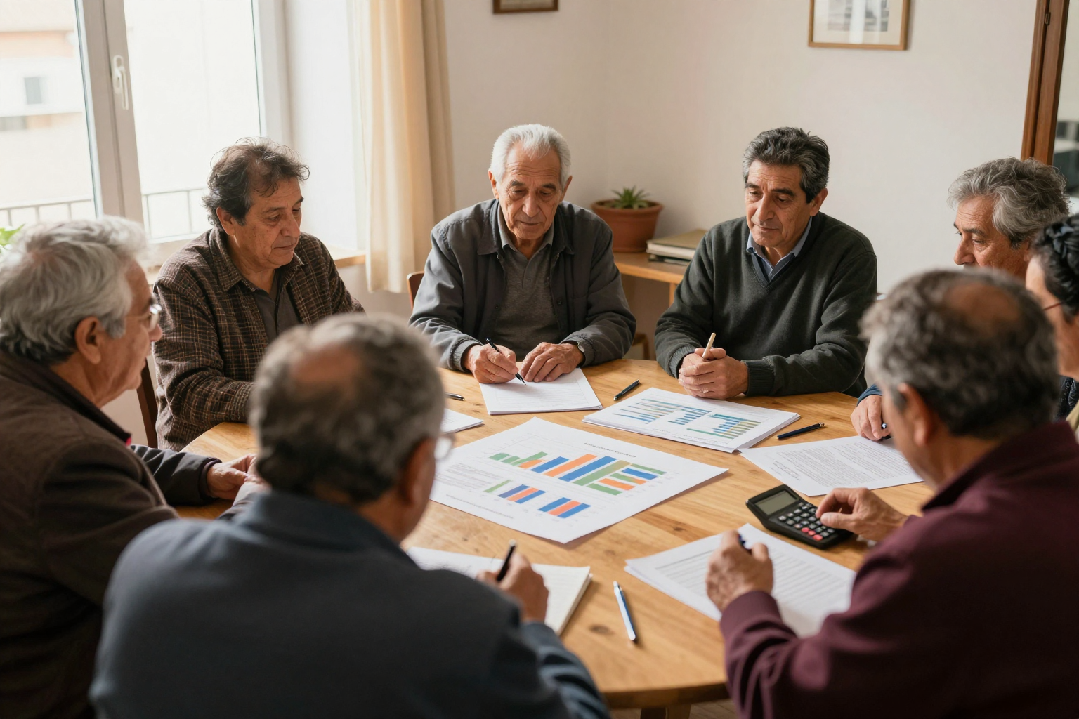 Propietarios revisando el presupuesto anual de su comunidad en una junta de vecinos con documentos y calculadora sobre la mesa