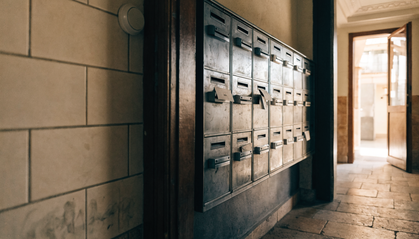Buzones de un portal residencial con cartas y recibos bancarios asomando entre las ranuras