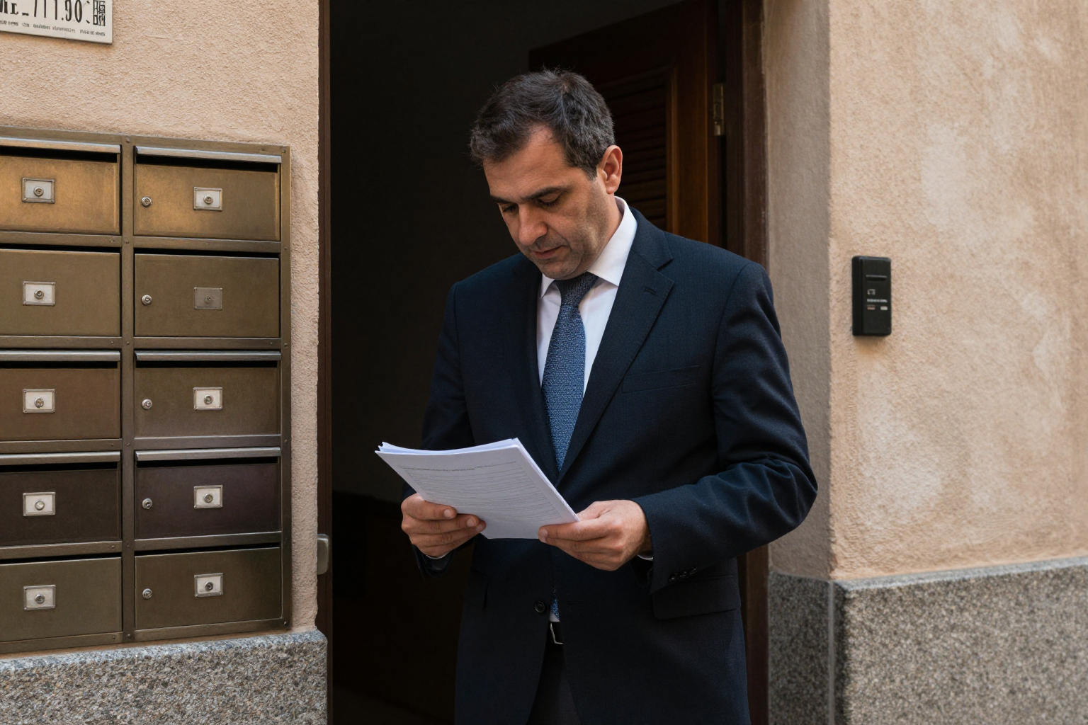 Presidente de comunidad de propietarios y administrador de fincas revisando documentos de reclamación de cuotas impagadas