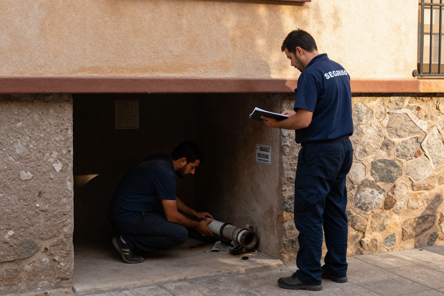Edificio residencial con vecinos revisando documentación del seguro de la comunidad de propietarios