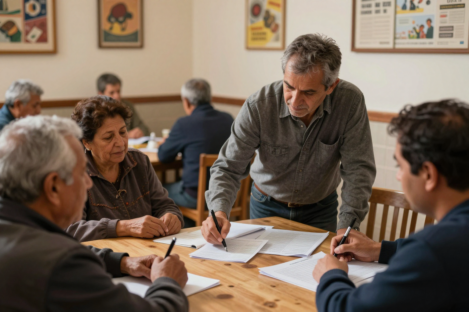 Administrador de fincas revisando documentos de deuda de un vecino moroso en una comunidad de propietarios