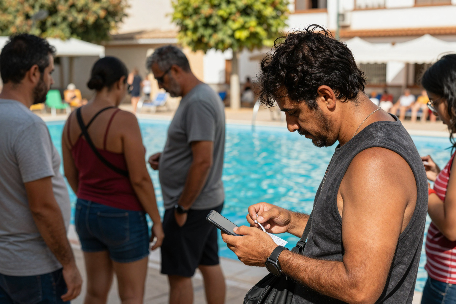 Zona comunitaria con piscina y jardines en una comunidad de propietarios en España